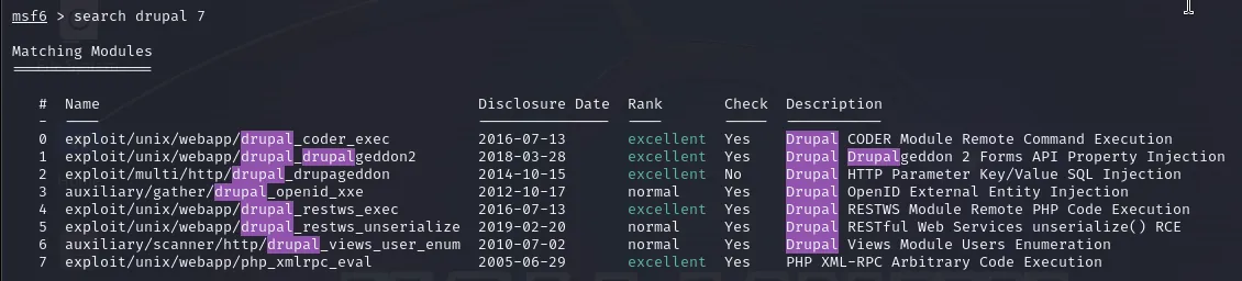 metasploit framework search result